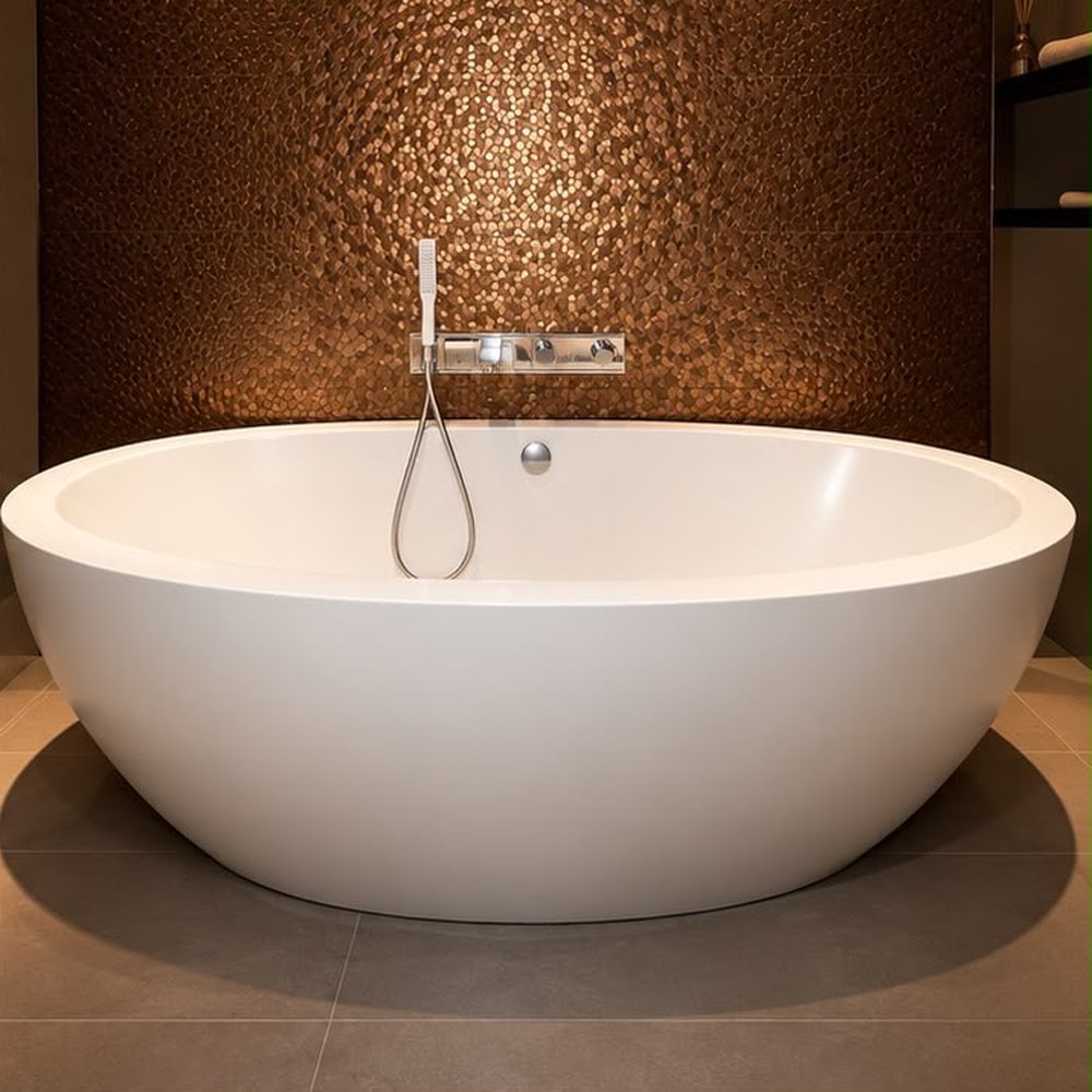 Luxe badkamer met vrijstaand bad en koperkleurig tegelwerk